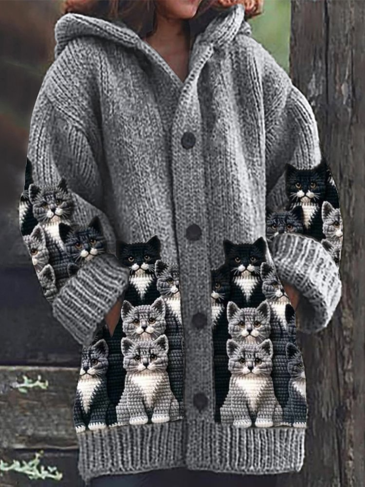 Jasmin – Knusse Gebreide Cardigan met Kattenprint