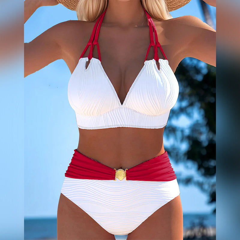 Badpak met dubbele bandjes, hoge taille en contrasterende kleur