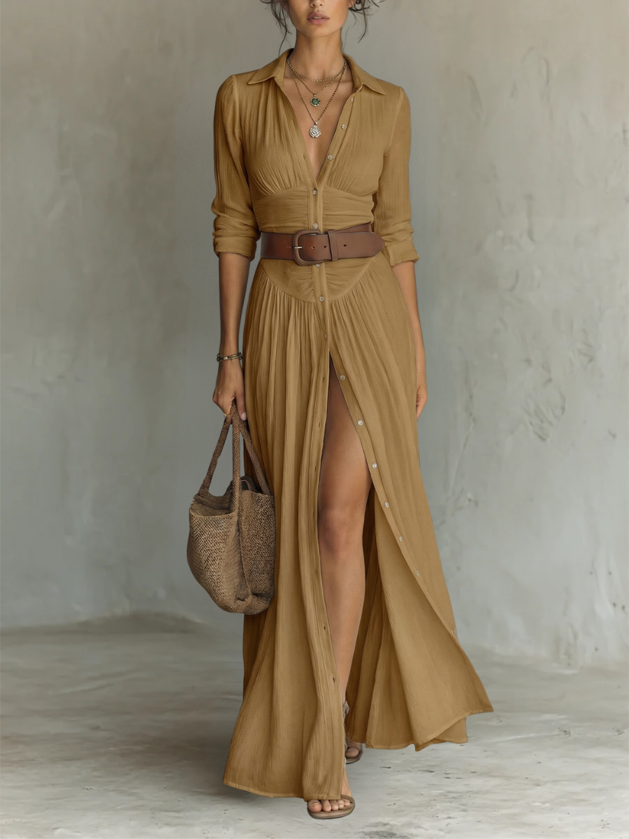 Lange maxi-jurk met reverskraag en lange mouwen van linnen voor dames