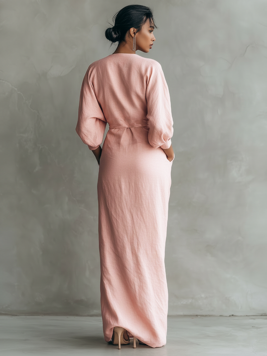 Minimalistische roze maxi-jurk met V-hals van linnenmix voor dames