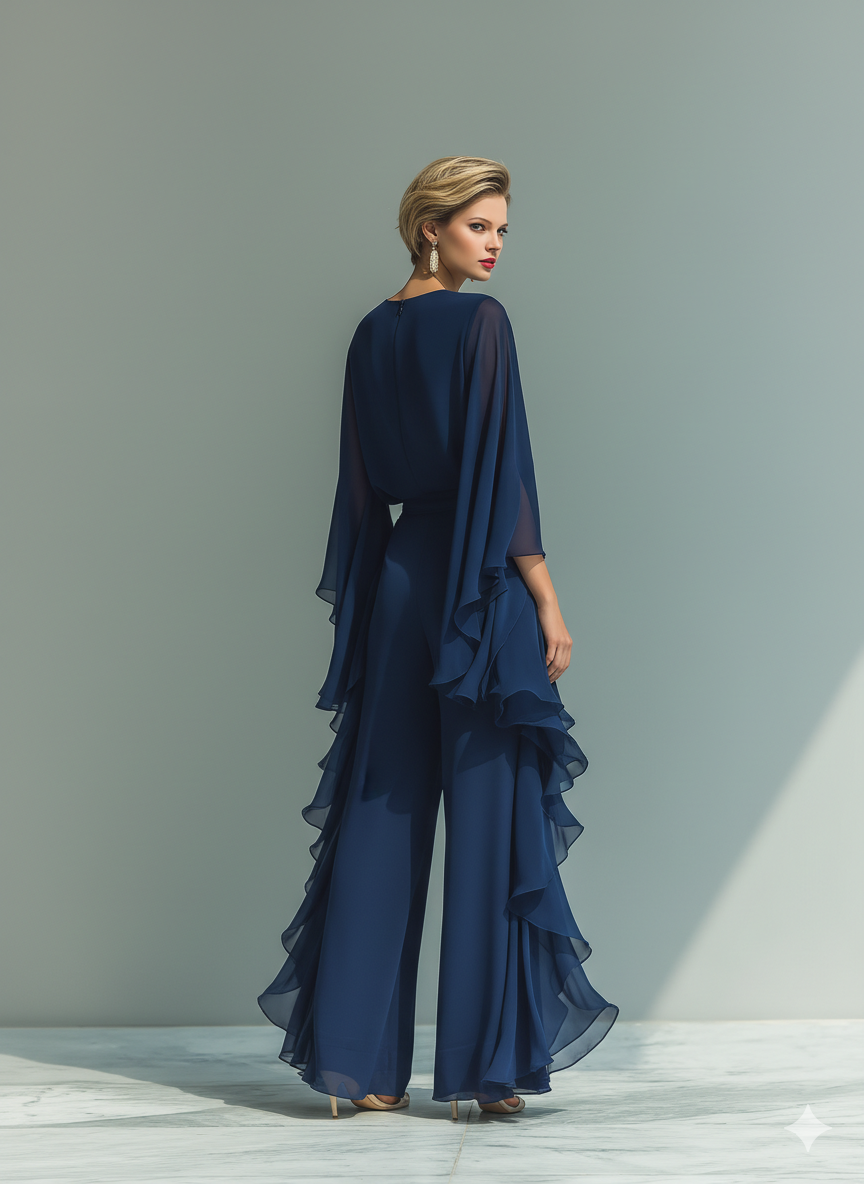 Set bestaande uit een marineblauwe chiffon top met uitlopende mouwen en een rechte broek met ruches