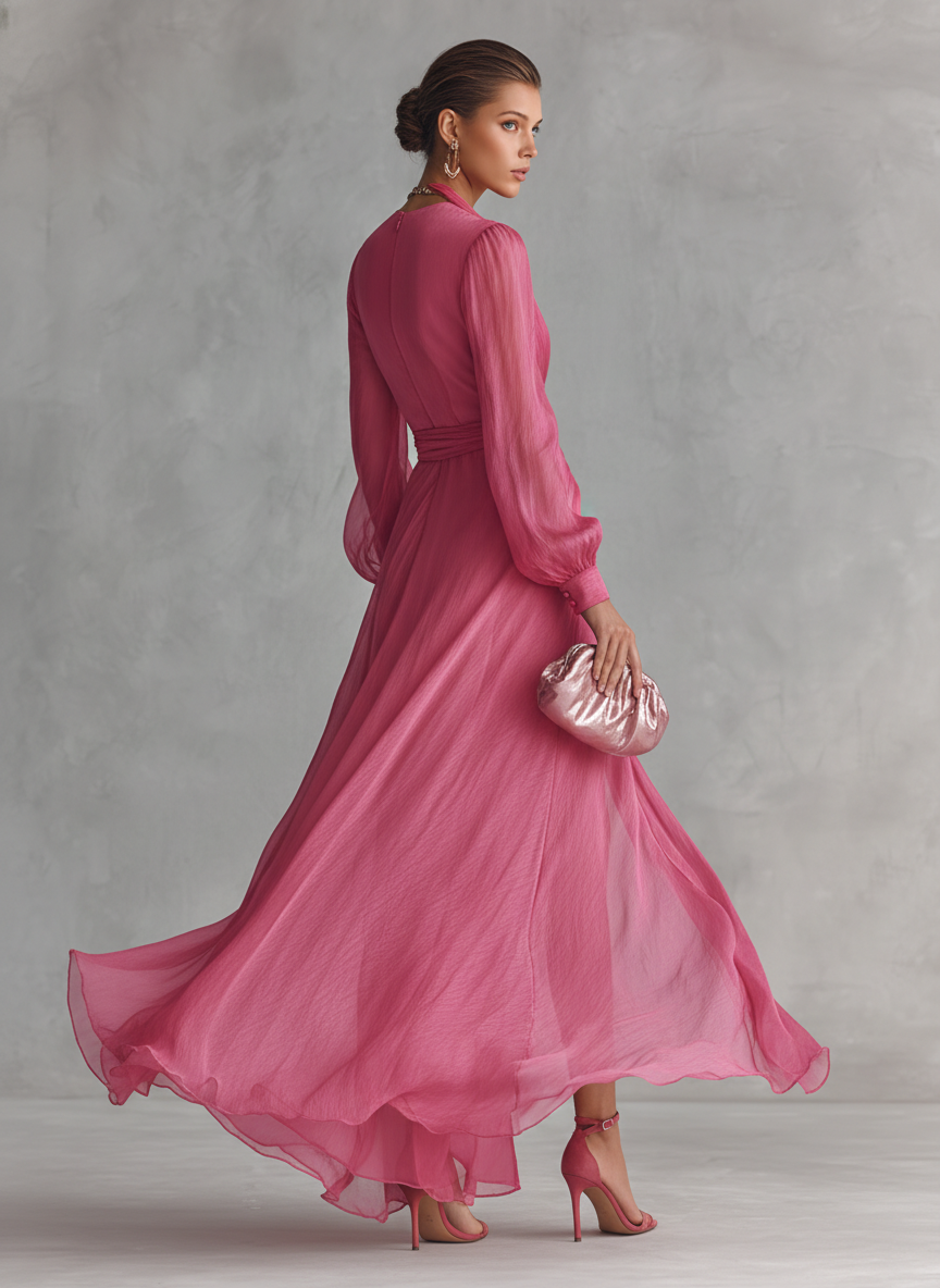 Elegante lange jurk van roze chiffon met parels en een V-hals voor dames