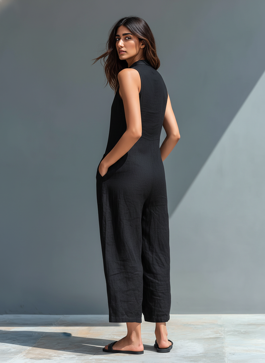 Minimalistische mouwloze jumpsuit van linnenmix voor dames, met hoge kraag en knopen