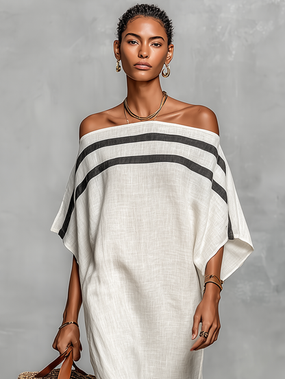Minimalistische maxi-jurk van linnen voor dames, met een schoudervrije halslijn en vleermuismouwen