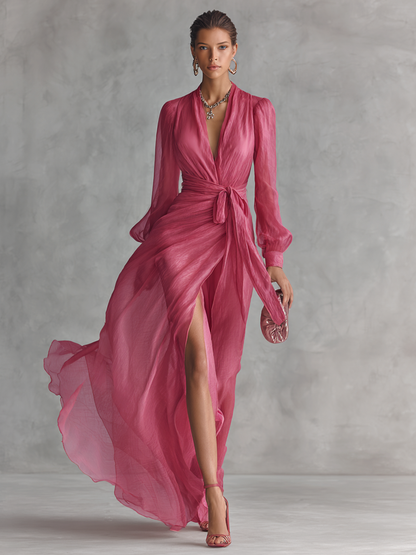 Elegante lange jurk van roze chiffon met parels en een V-hals voor dames