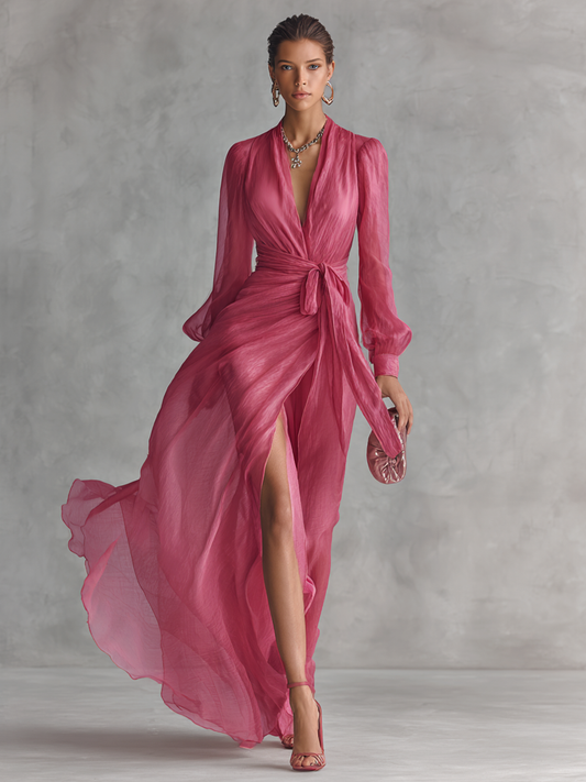 Elegante lange jurk van roze chiffon met parels en een V-hals voor dames