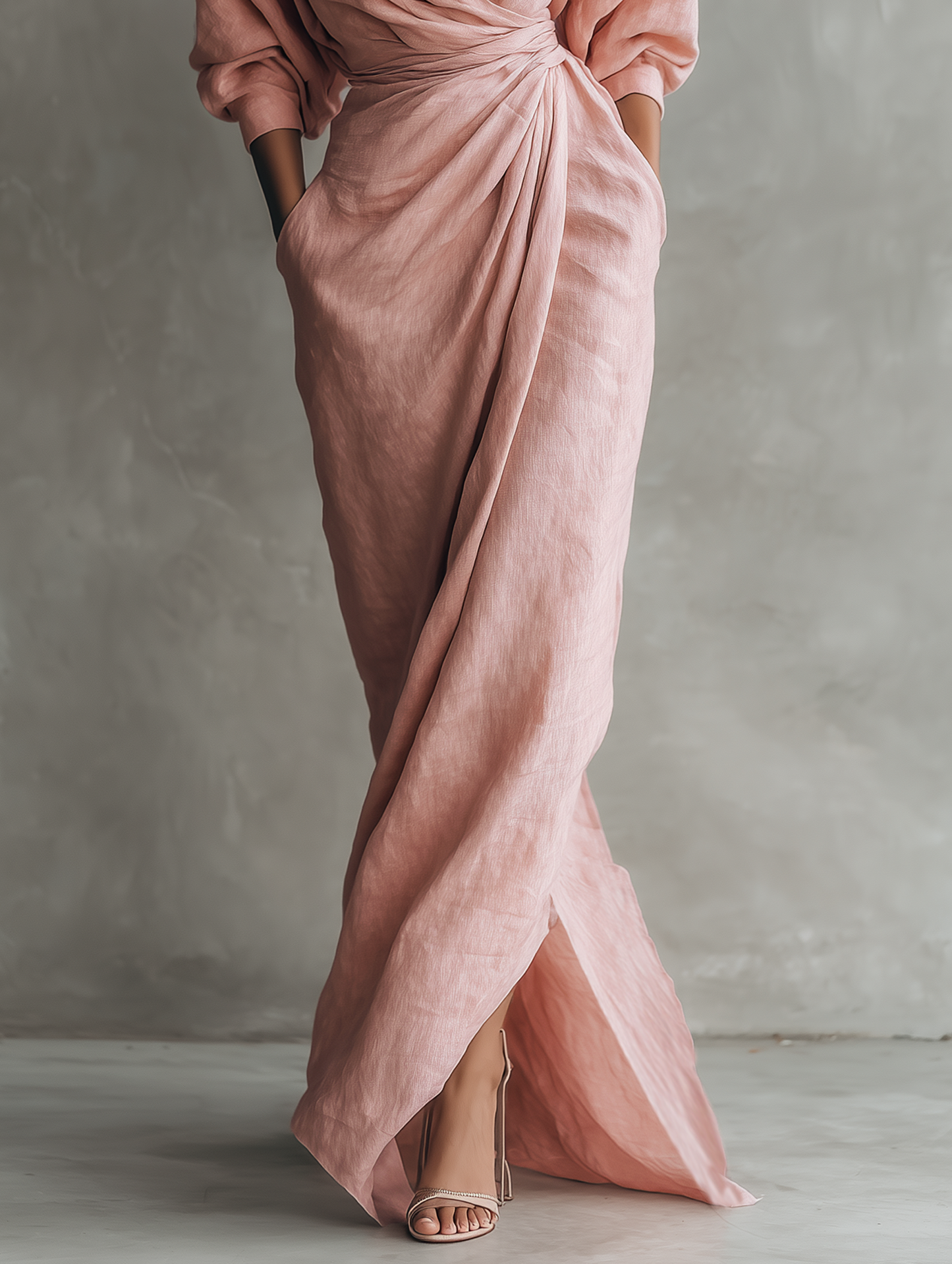 Minimalistische roze maxi-jurk met V-hals van linnenmix voor dames