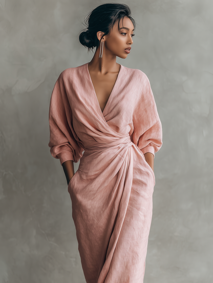 Minimalistische roze maxi-jurk met V-hals van linnenmix voor dames