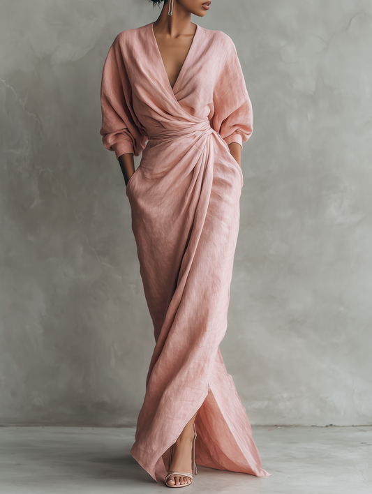 Minimalistische roze maxi-jurk met V-hals van linnenmix voor dames