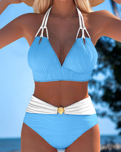 Badpak met dubbele bandjes, hoge taille en contrasterende kleur