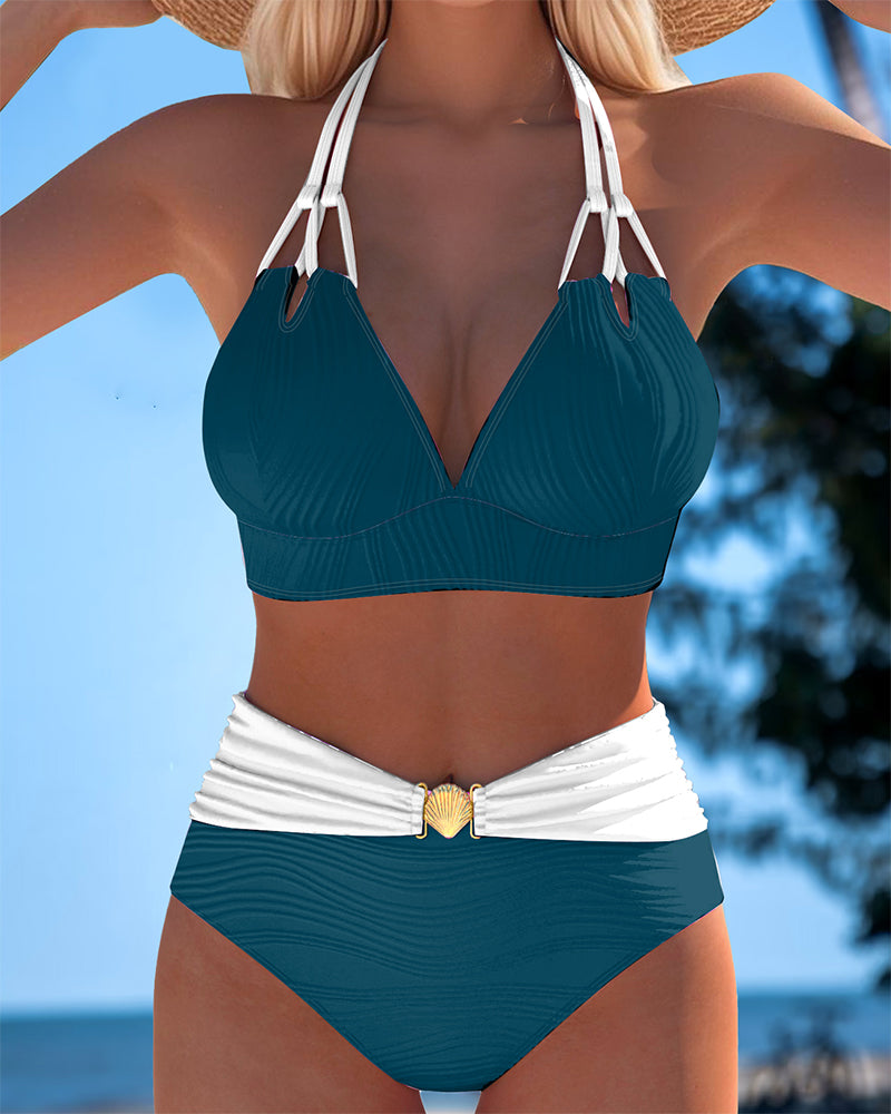 Badpak met dubbele bandjes, hoge taille en contrasterende kleur