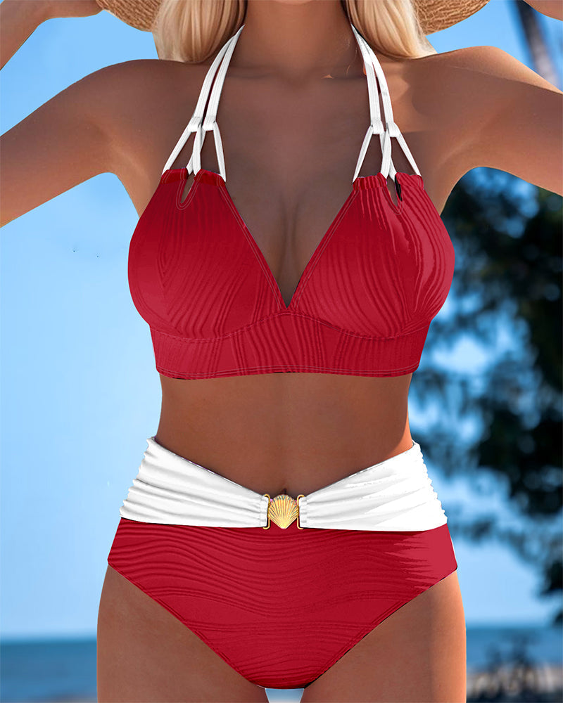 Badpak met dubbele bandjes, hoge taille en contrasterende kleur