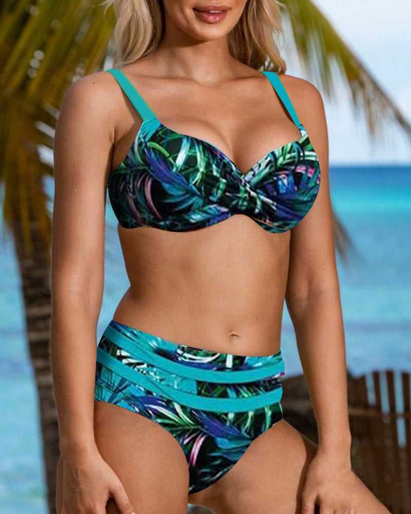 Bikini met hoge taille en bladprint