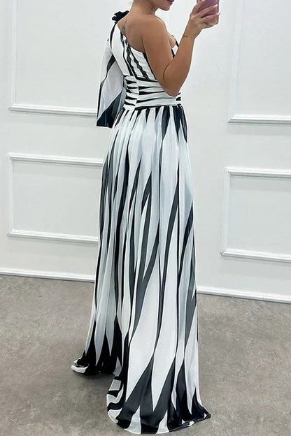 Shiloh - Elegante Gestreepte Maxi Jurk met Eén Schouder