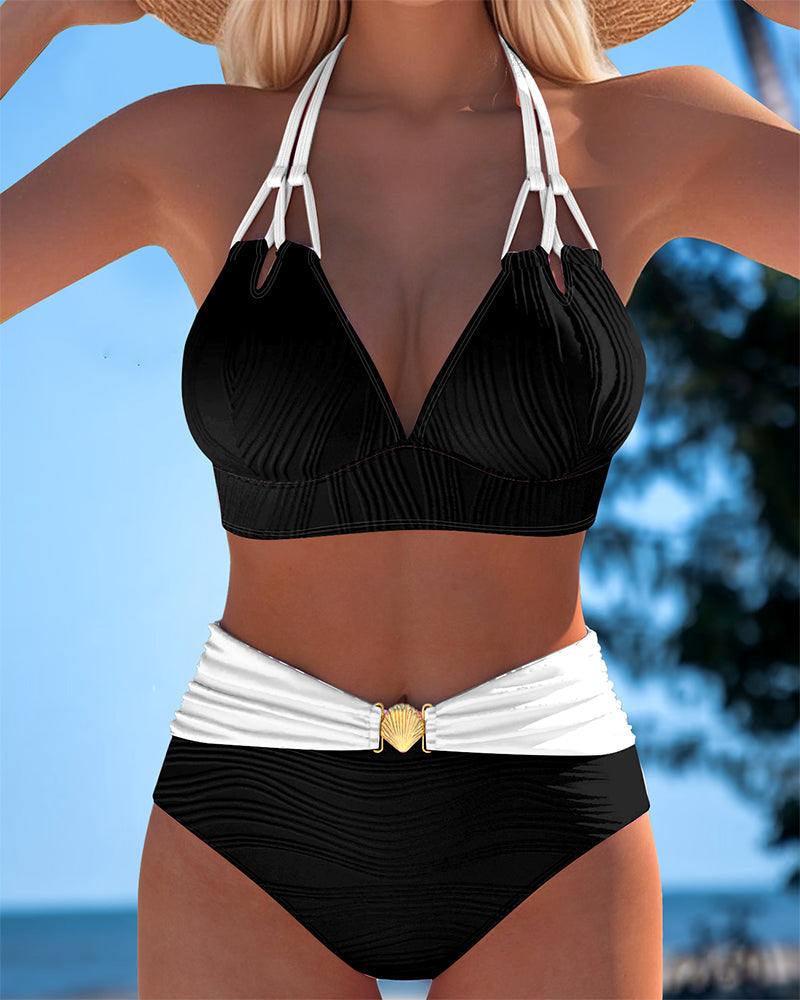 Badpak met dubbele bandjes, hoge taille en contrasterende kleur
