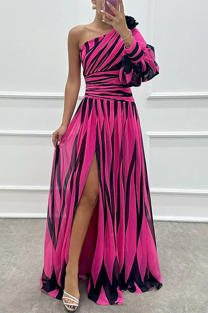 Shiloh - Elegante Gestreepte Maxi Jurk met Eén Schouder