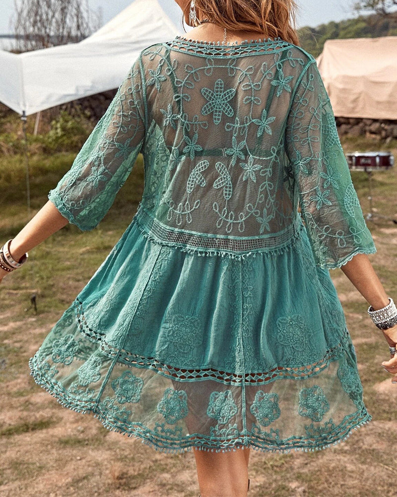 Smock met V-hals en kanten borduursels