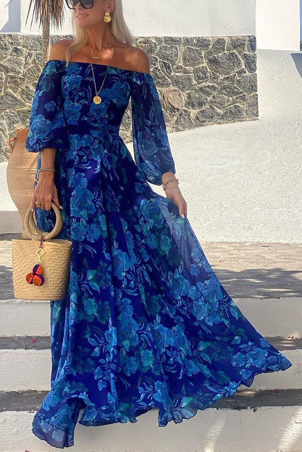 Francesca - Lange jurk met bloemendessin en off-the-shoulder mouwen