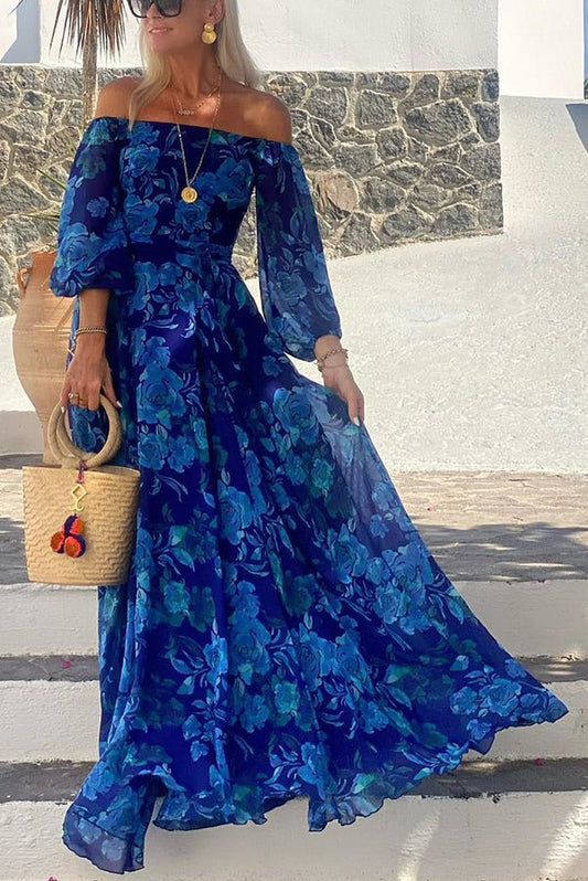 Francesca - Lange jurk met bloemendessin en off-the-shoulder mouwen