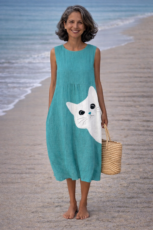 Ana | Midi-jurk met schattige kattenprint