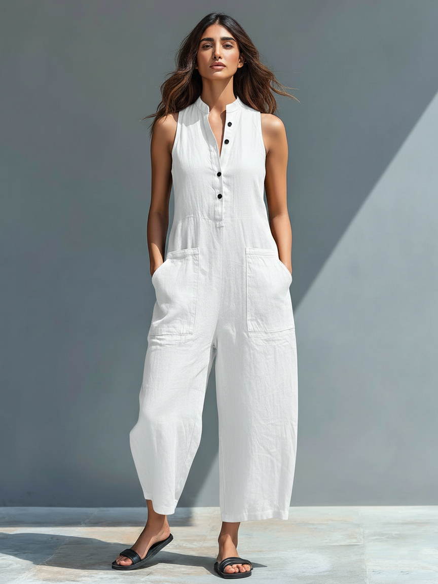 Minimalistische mouwloze jumpsuit van linnenmix voor dames, met hoge kraag en knopen