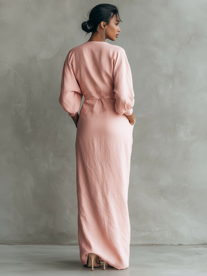 Minimalistische roze maxi-jurk met V-hals van linnenmix voor dames