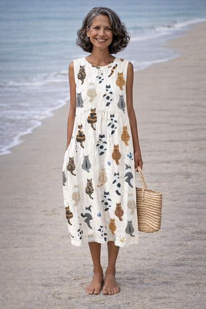 Alina | Midi-jurk met schattige kattenprint