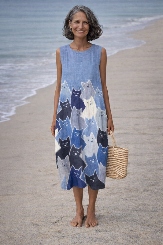 Avellana | Midi-jurk met patchworkmotief van katten