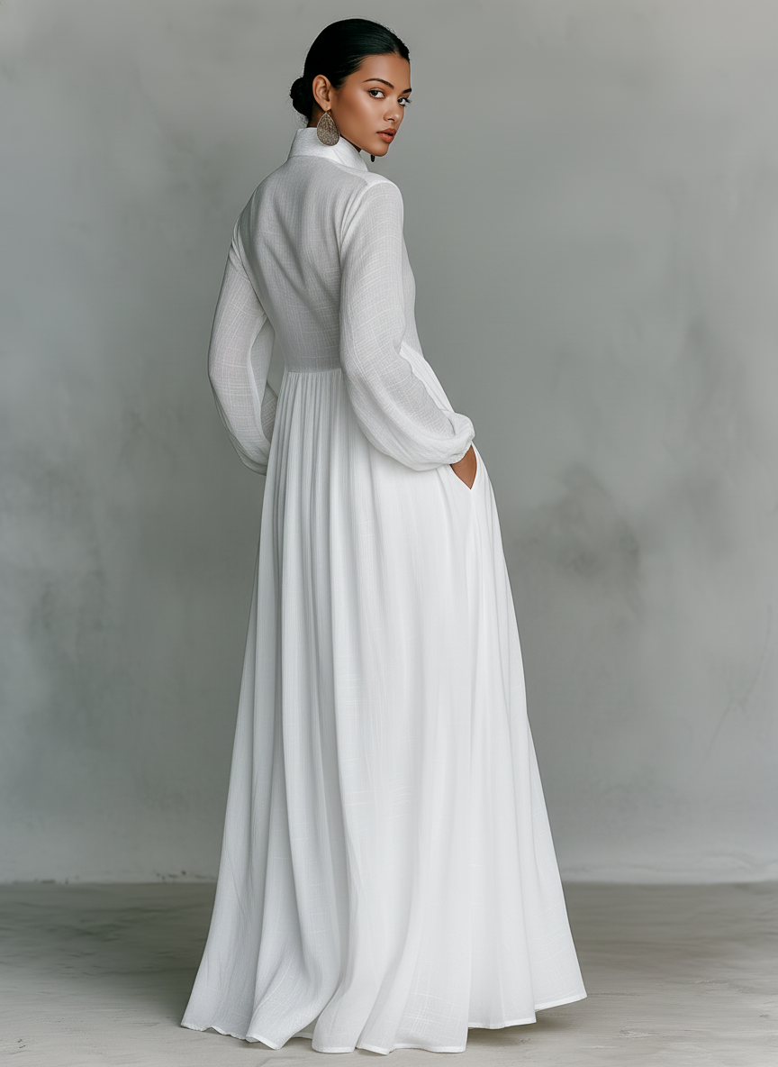 Minimalistische maxi-jurk van katoen en linnen met patchwork, opstaande kraag en lange mouwen