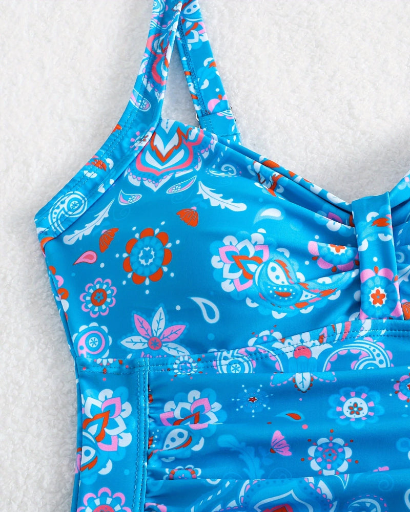 Geplooid badpakvest met bloemenprint, eendelig model