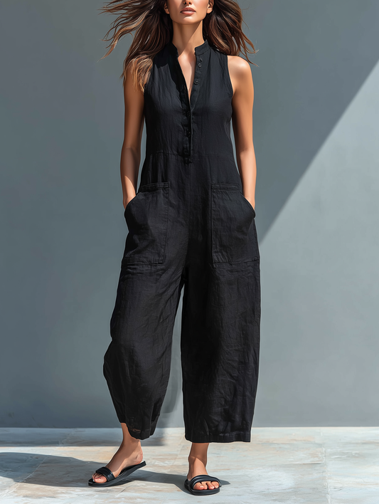 Minimalistische mouwloze jumpsuit van linnenmix voor dames, met hoge kraag en knopen