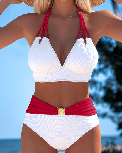 Badpak met dubbele bandjes, hoge taille en contrasterende kleur