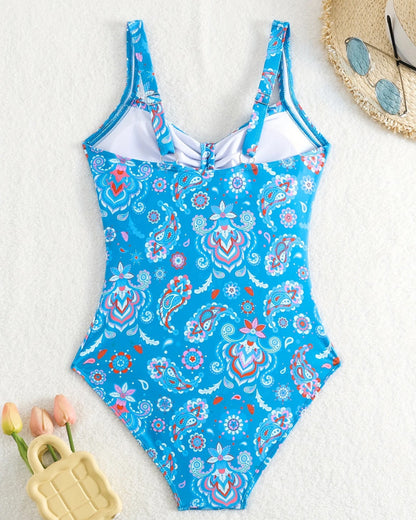 Geplooid badpakvest met bloemenprint, eendelig model