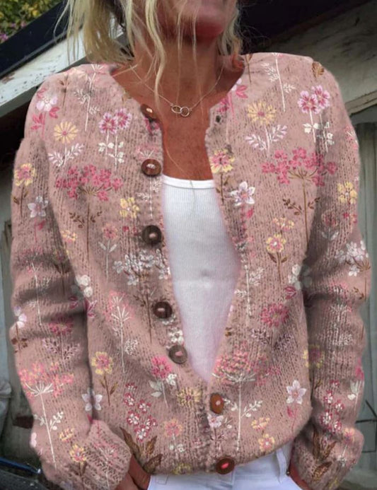 Iris – Elegante Roze Cardigan met Bloemenprint