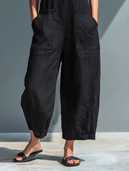 Minimalistische mouwloze jumpsuit van linnenmix voor dames, met hoge kraag en knopen