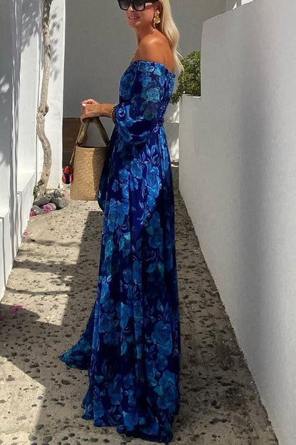 Francesca - Lange jurk met bloemendessin en off-the-shoulder mouwen