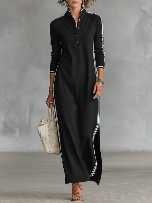 Maxi-jerseyjurk voor dames met button-downkraag en witte rand