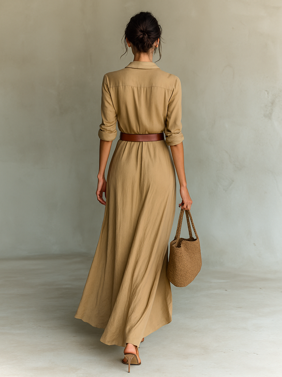 Lange maxi-jurk met reverskraag en lange mouwen voor dames