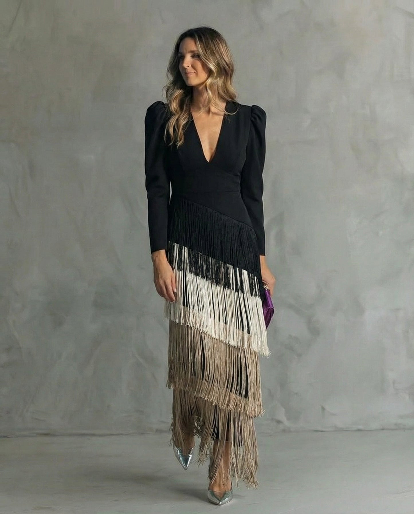 Clara™ | Elegante midijurk met mouwen met franjes